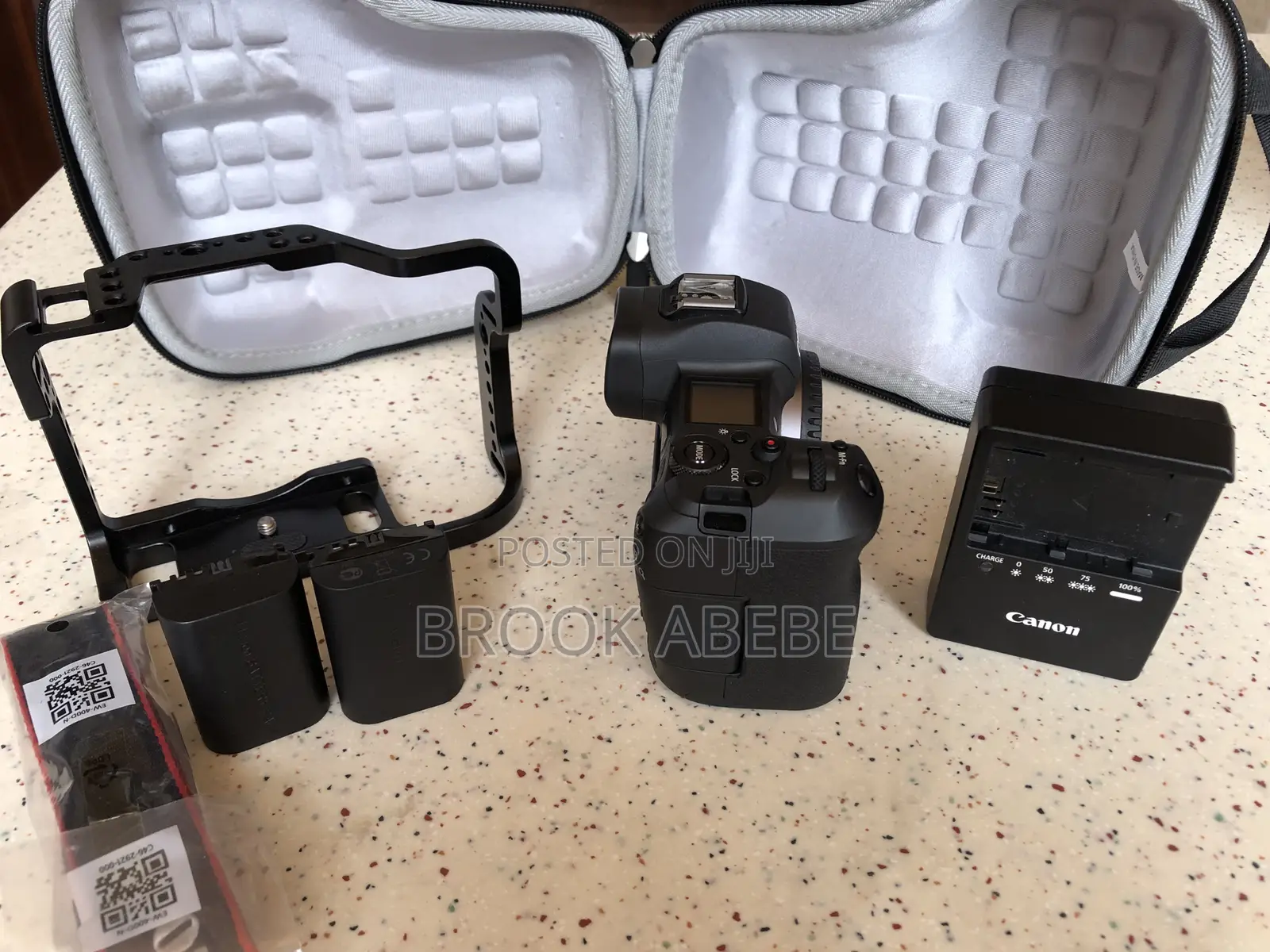 Canon R With Cage and Extras on Hand