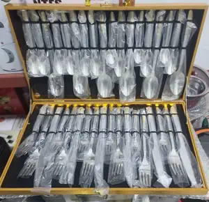 36pcs CUTLERY SET WITH CASE Stainless Steelወርቅ ቅብ እጀታ ያላቸው።