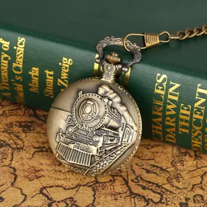 Vintage Fashion Bronze Old School Quartz Watches With Chain