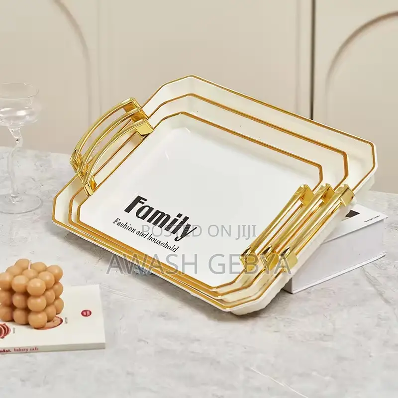 3 Sets Serving Tray With Golden Handle