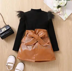 Girls Casual Mesh Sleeve Top and Short Skirt With Belt