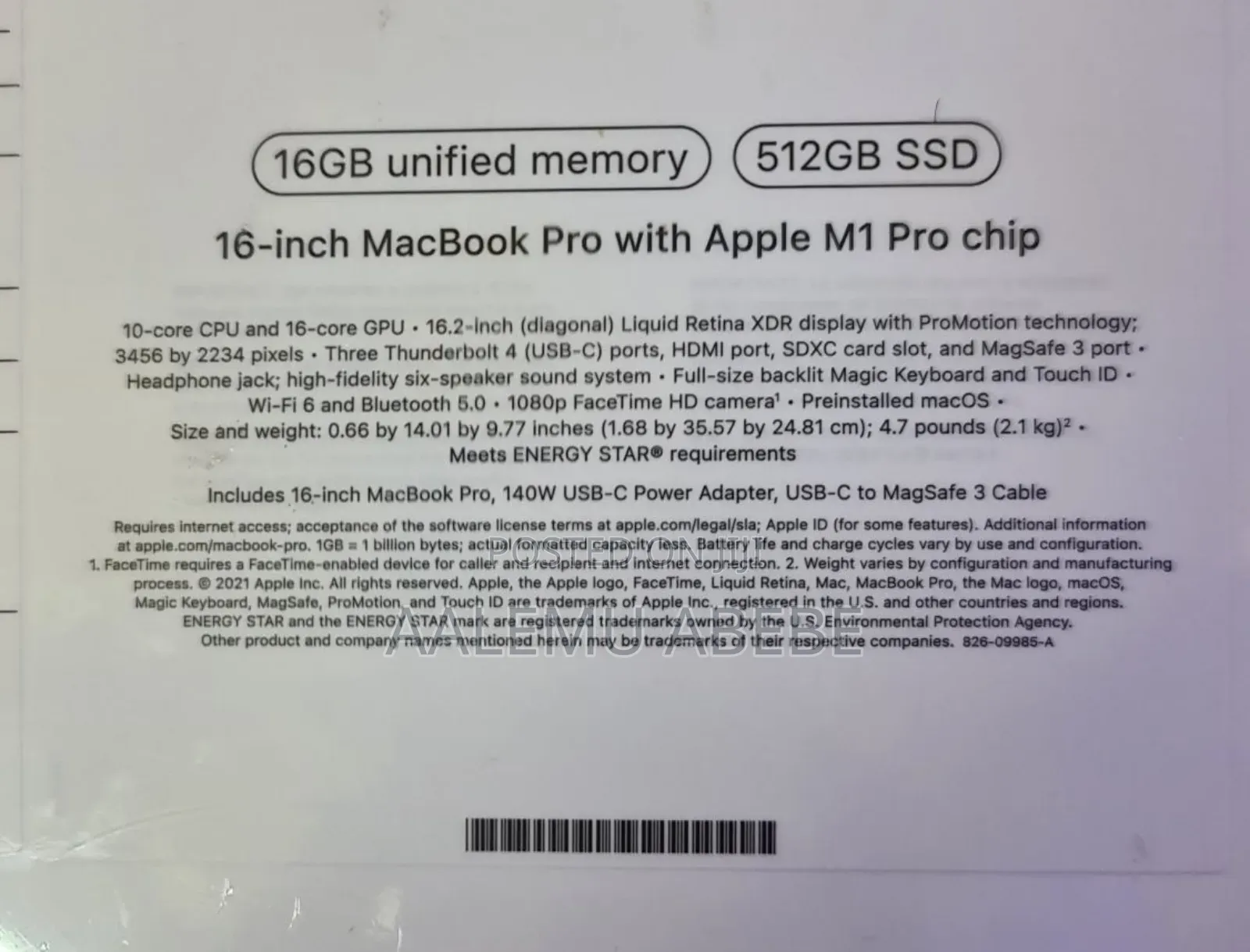 New Laptop Apple MacBook Pro 2021 M1 16GB Apple M1 Pro SSD 512GB