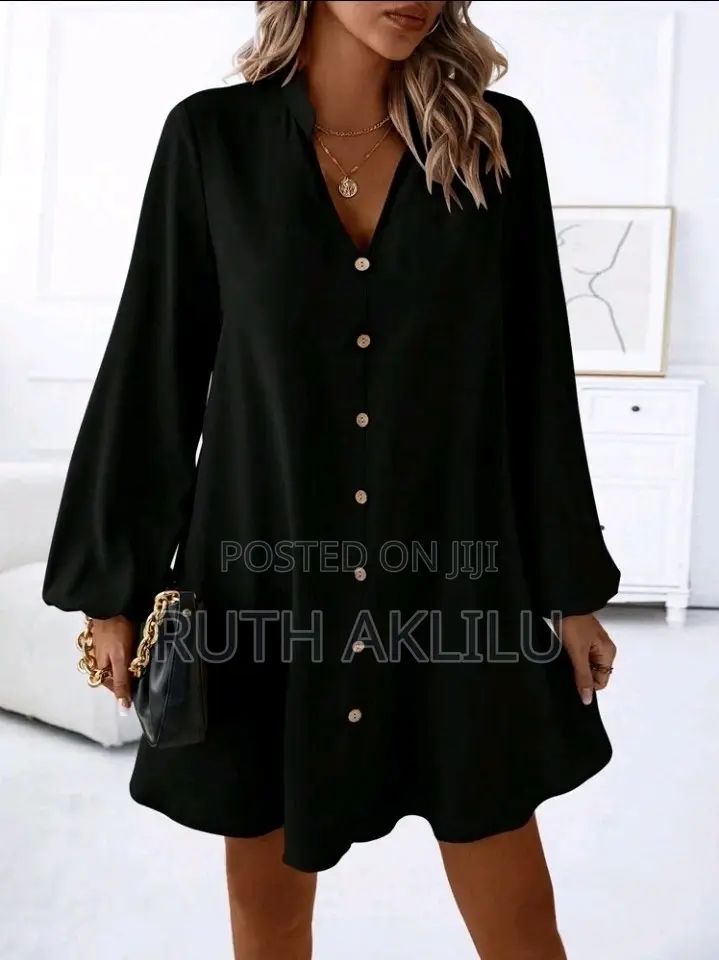 Women Solid Button Front Lantern Sleeve Dress