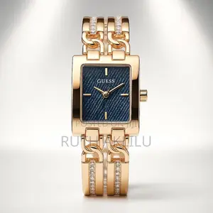 Guess Square Chain Rose Gold Blue Dial Watch for Her