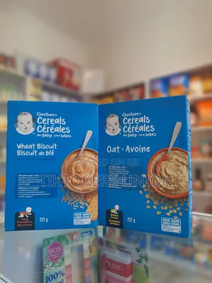 Gerber Baby Cereal: Wheat Biscuit and Oat.