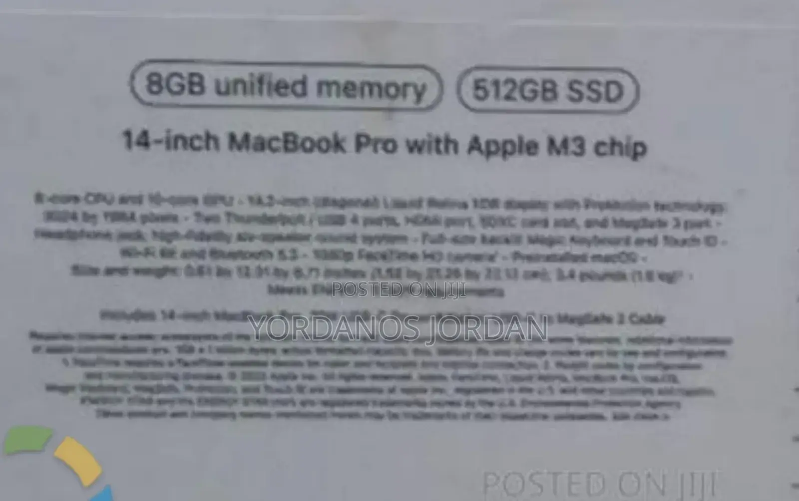New Laptop Apple MacBook Pro 2024 M3 14-inch 8GB Apple M3 SSD 512GB