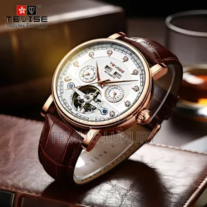 Tevise Skeleton Automatic Watch Genuine Leather Luminous Waterproof