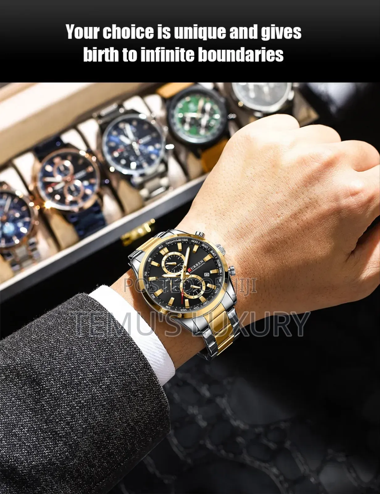 Elegant Curren Men's Black Gold Dial Quartz Wristwatch
